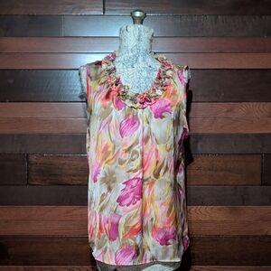 Elementz Floral Ruffle-Trim Sleeveless Camisole in Pink and Cream